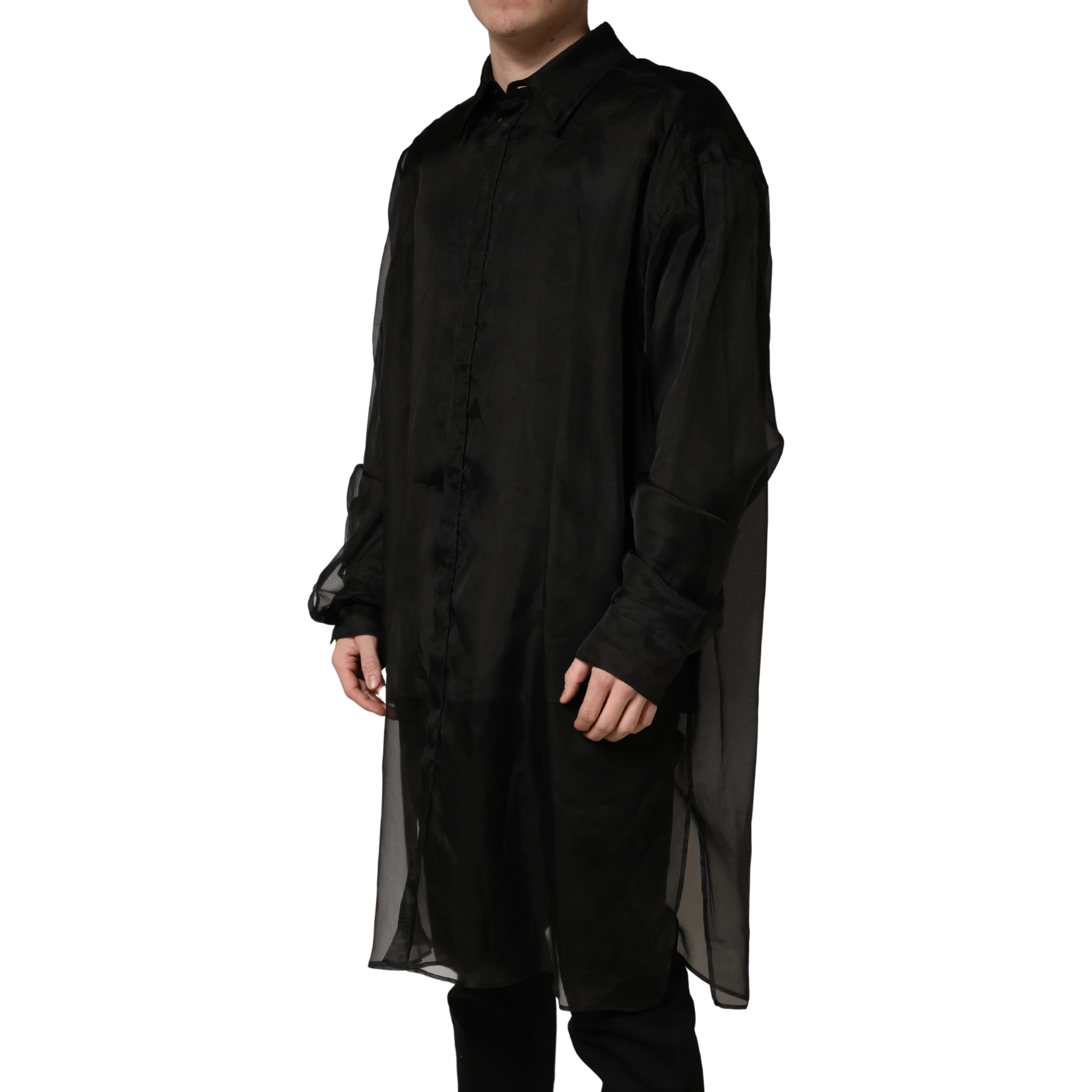 Black Ruffle Detail Semi Sheer Shirt Jacket