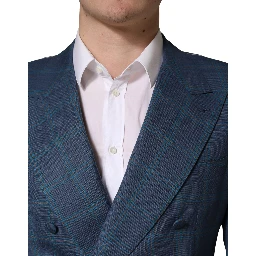 Blue Checked Double Breasted Men Suit Jacket