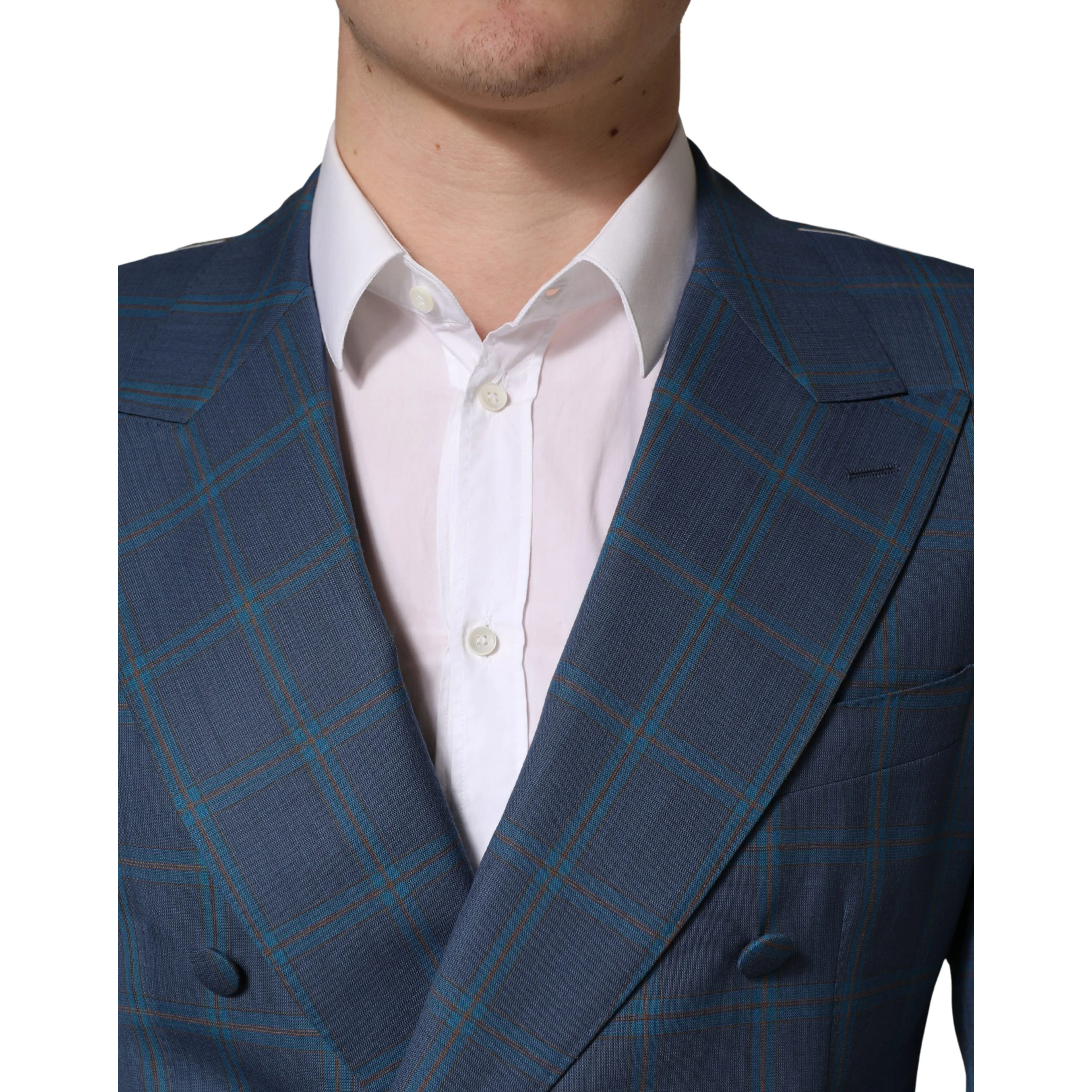 Blue Checked Double Breasted Men Suit Jacket