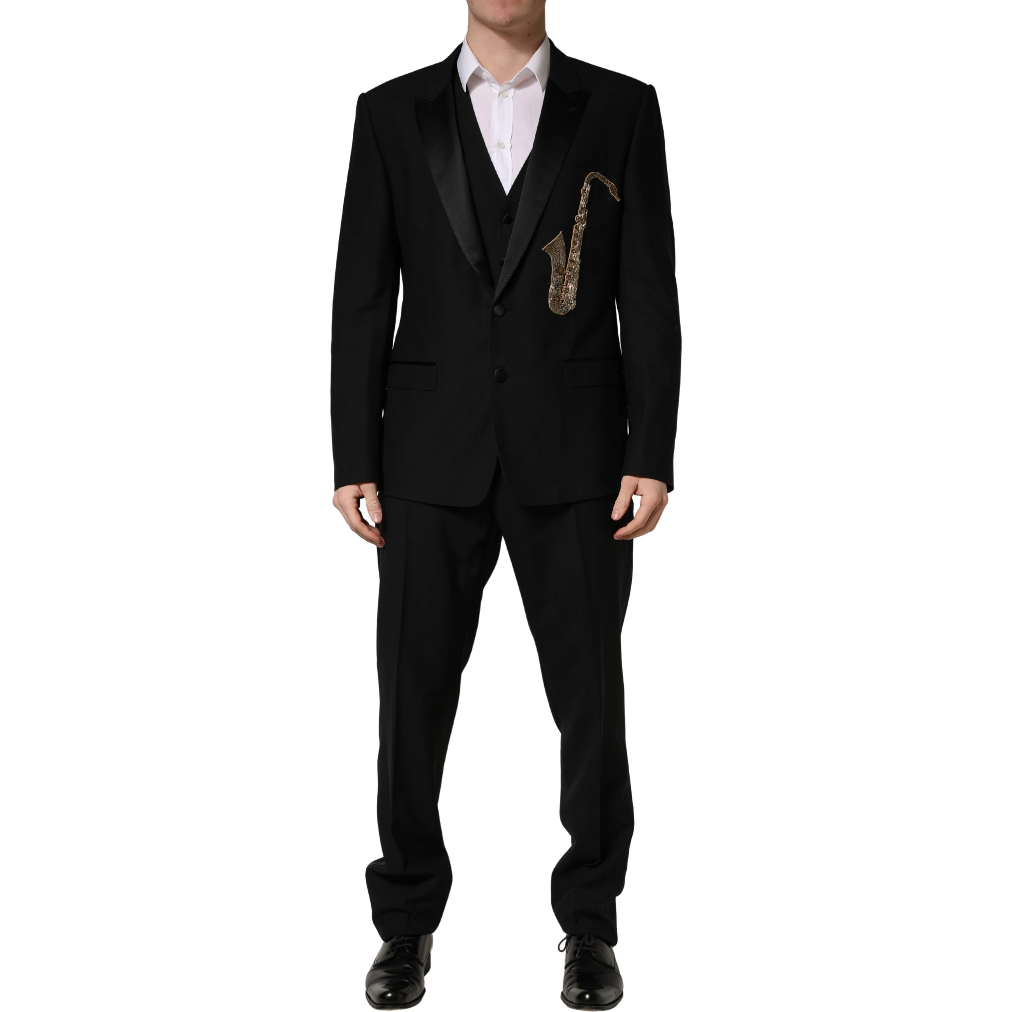 Black Wool Silk Saxophone Slim Fit 3Pc Suit