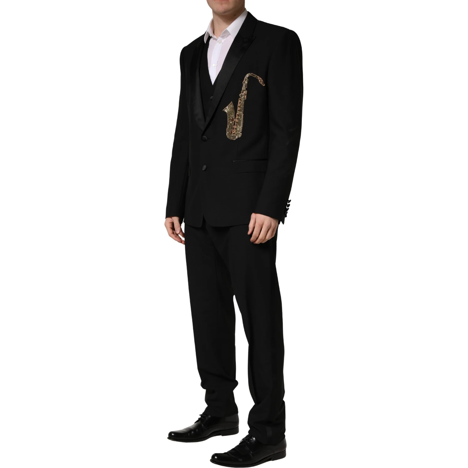 Black Wool Silk Saxophone Slim Fit 3Pc Suit