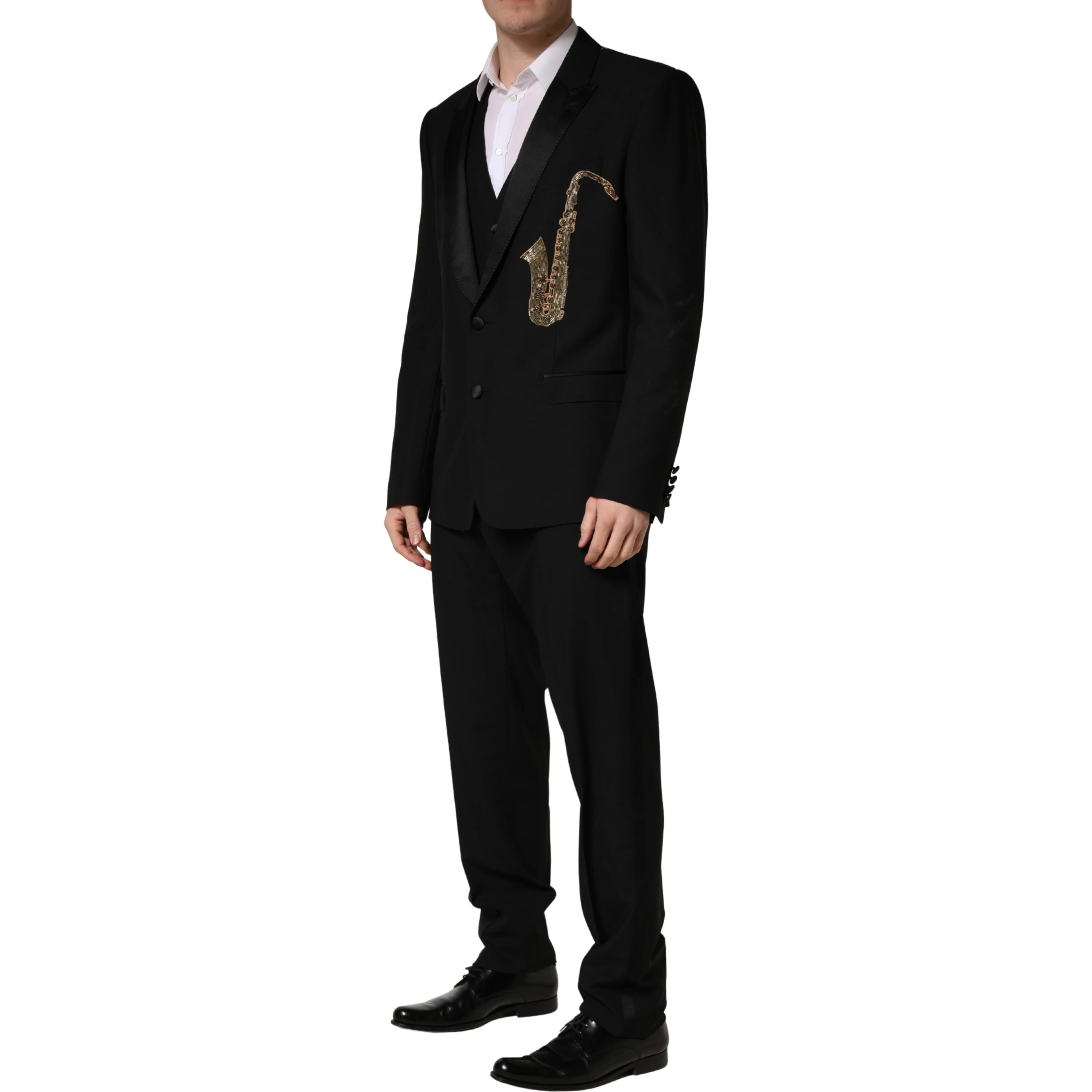 Black Wool Silk Saxophone Slim Fit 3Pc Suit
