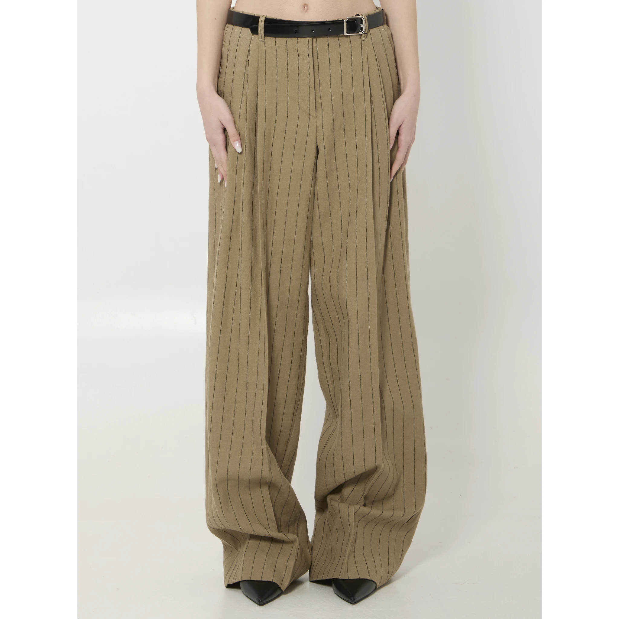 Pinstriped virgin wool and linen trousers