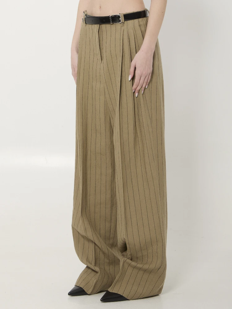 Pinstriped virgin wool and linen trousers alternative