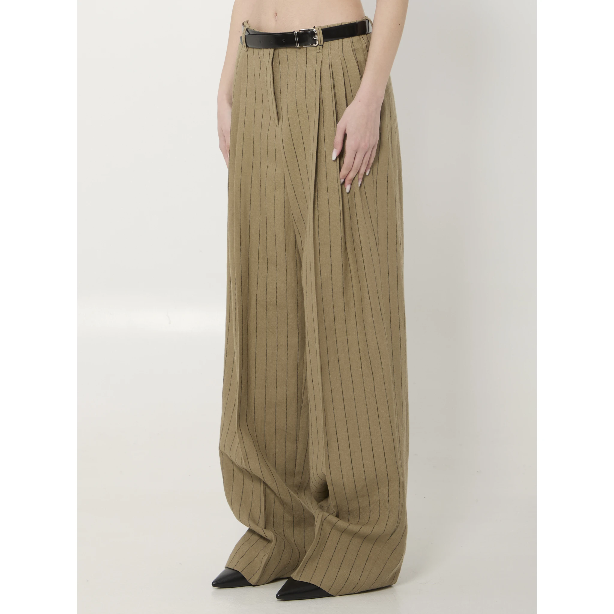 Pinstriped virgin wool and linen trousers