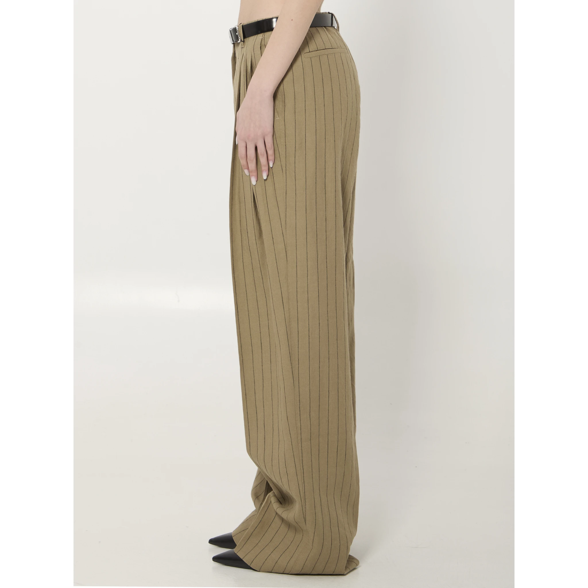 Pinstriped virgin wool and linen trousers
