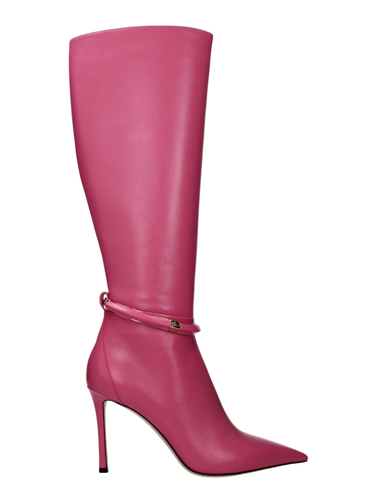 Pink Leather High Heel Boots