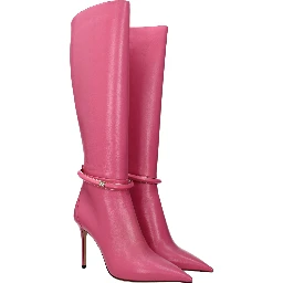 Pink Leather High Heel Boots
