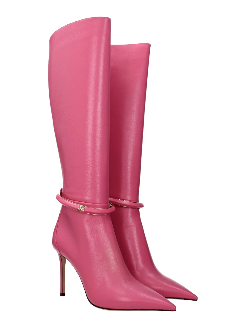 Pink Leather High Heel Boots