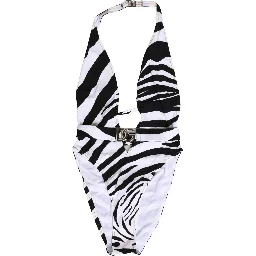 Black White Zebra Deep V-Neck One Piece Swimwear