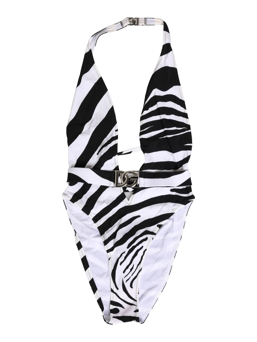 Black White Zebra Deep V-Neck One Piece Swimwear