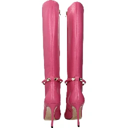 Pink Leather High Heel Boots