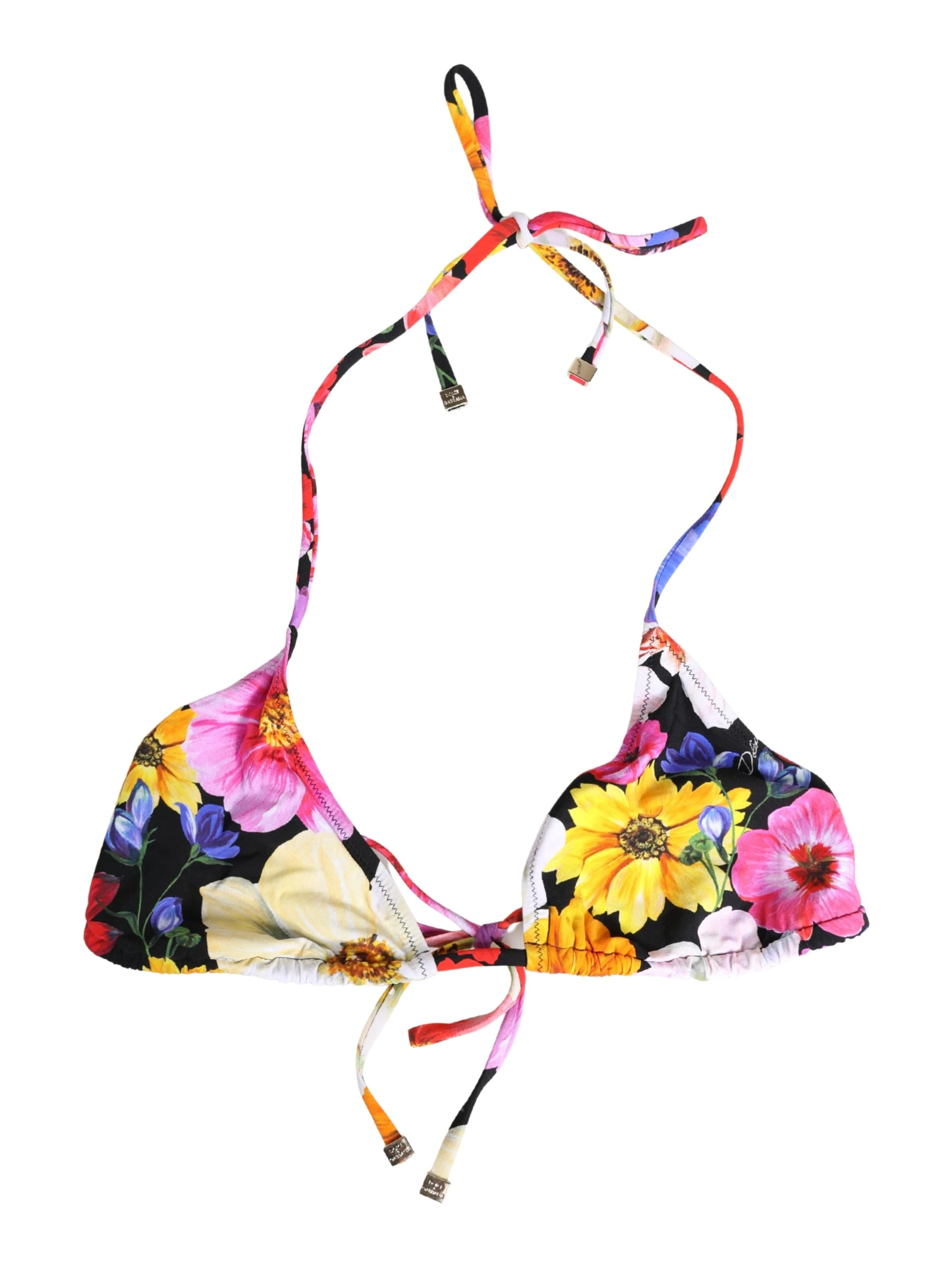 Black Floral Print Nylon Halter Bikini Top Swimwear