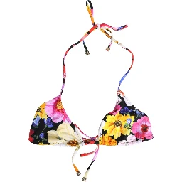 Black Floral Print Nylon Halter Bikini Top Swimwear
