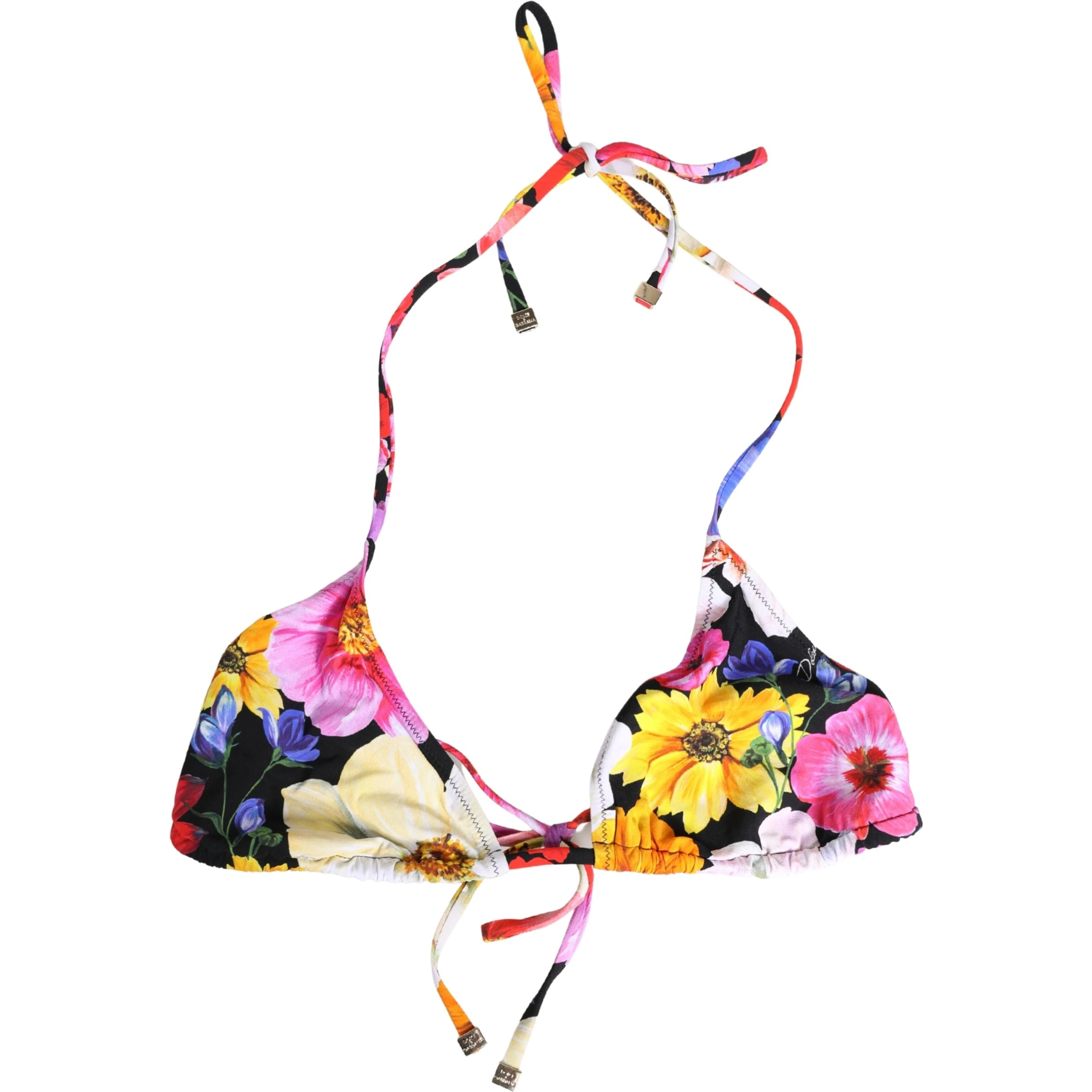 Black Floral Print Nylon Halter Bikini Top Swimwear