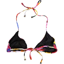 Black Floral Print Nylon Halter Bikini Top Swimwear