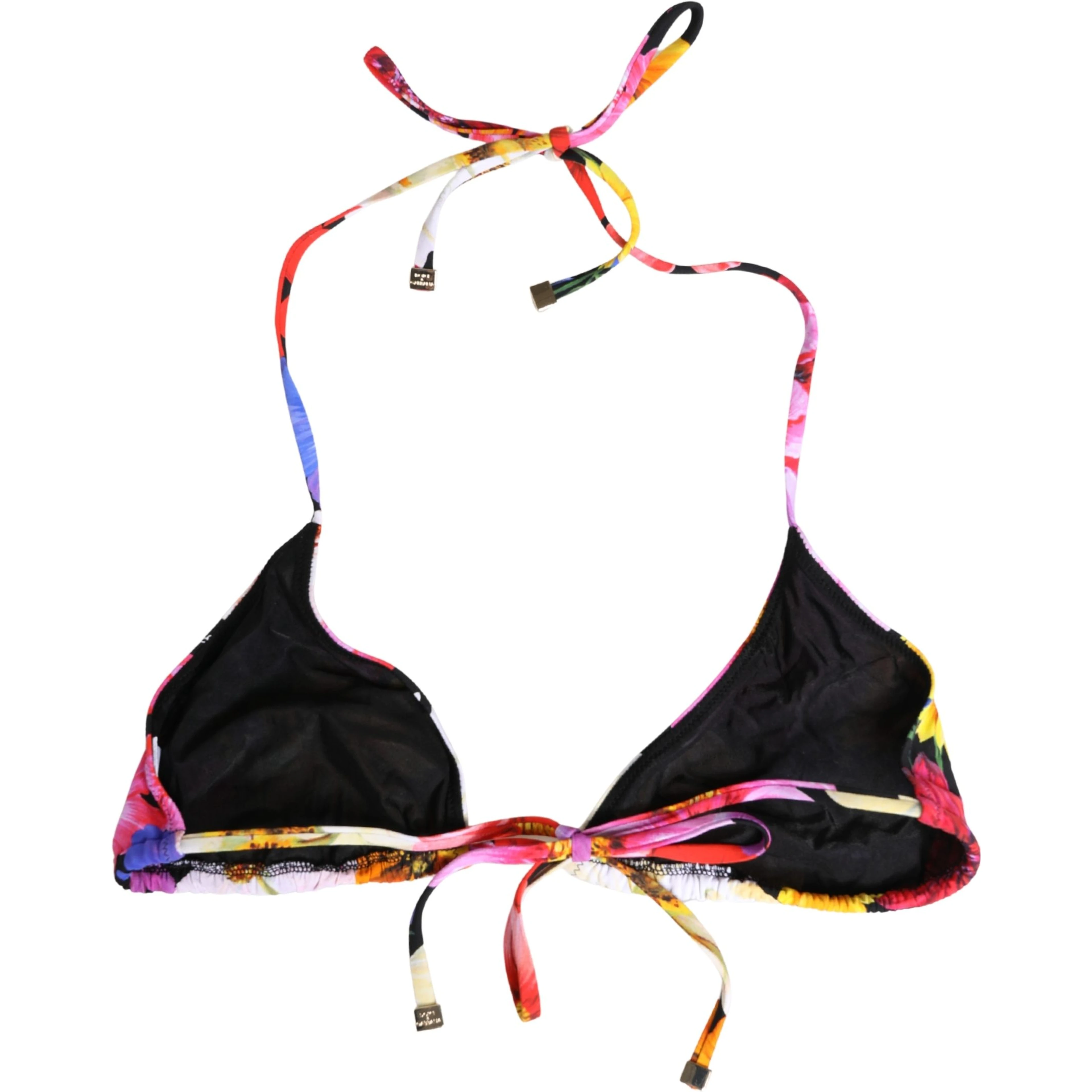 Black Floral Print Nylon Halter Bikini Top Swimwear