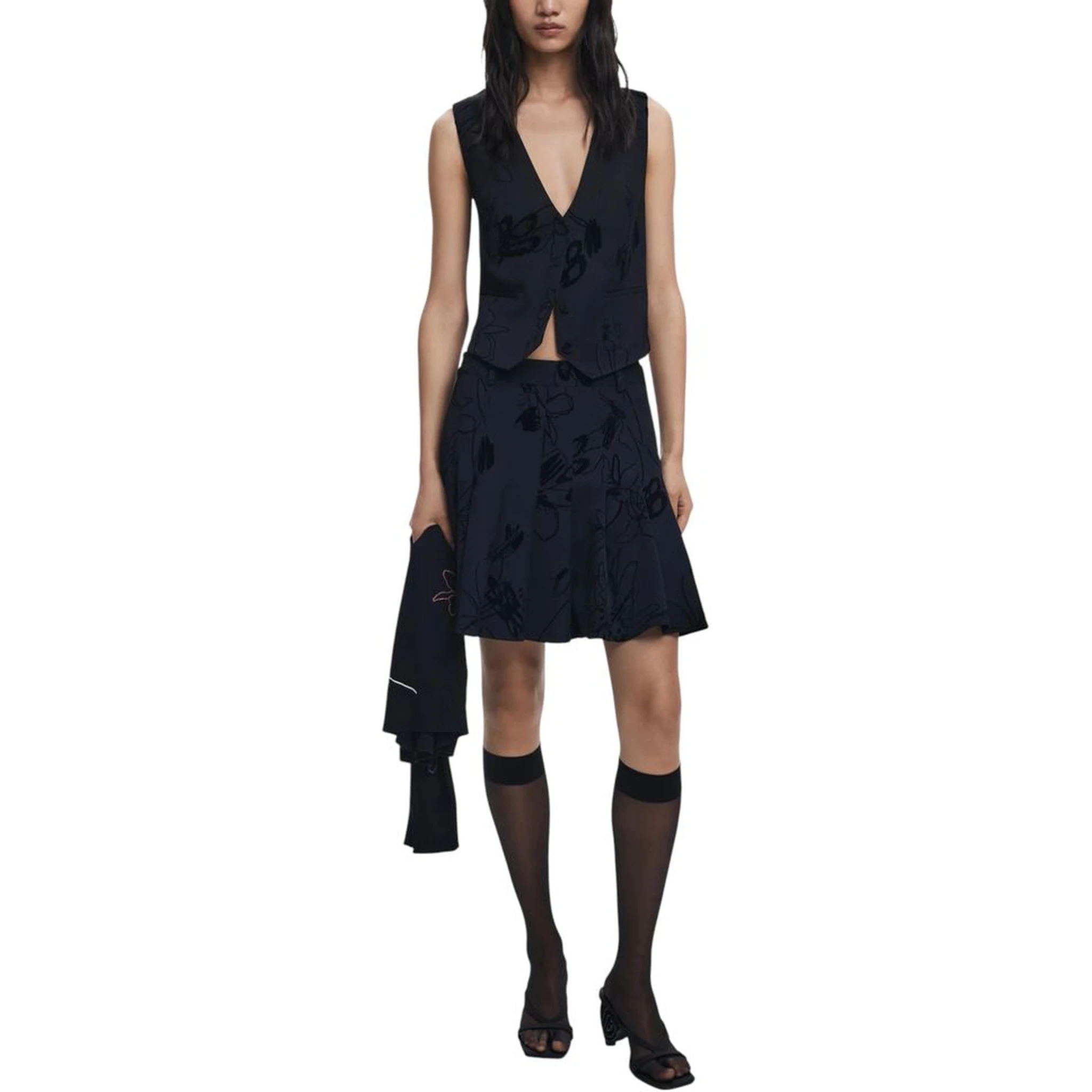 Black Polyester Mini Skirt