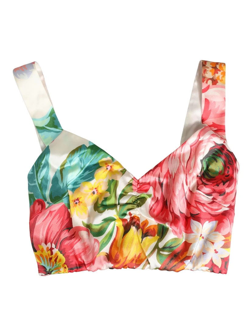 Multicolor Floral Print Silk Cropped Bustier Top