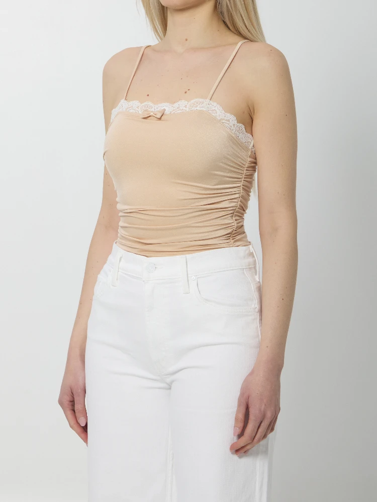 Gathered bodysuit with lace alternative