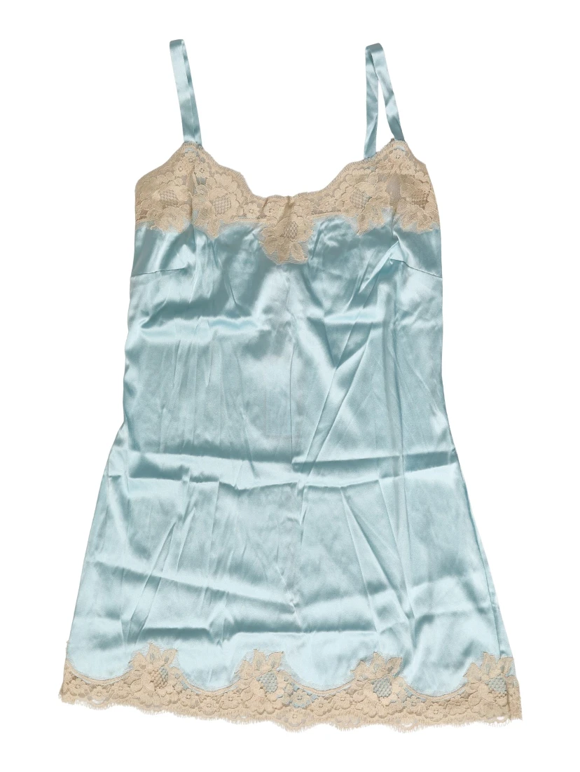 Blue Lace Silk Satin Tank Chemise Sleepwear