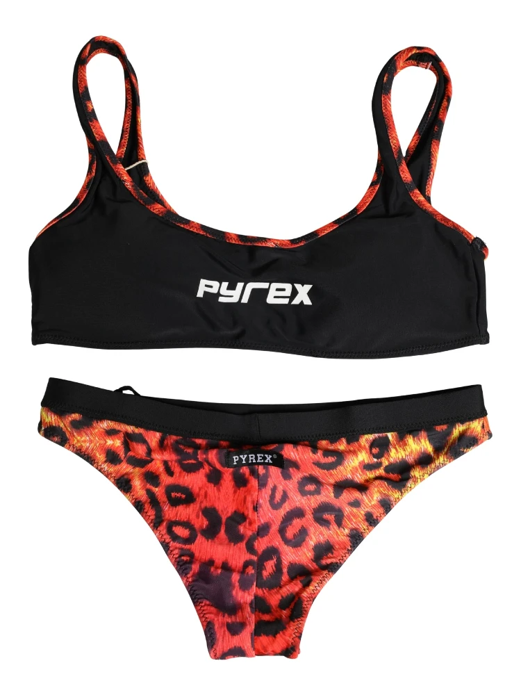 Black Top Orange Leopard Print Bottom 2 Piece Swimwear