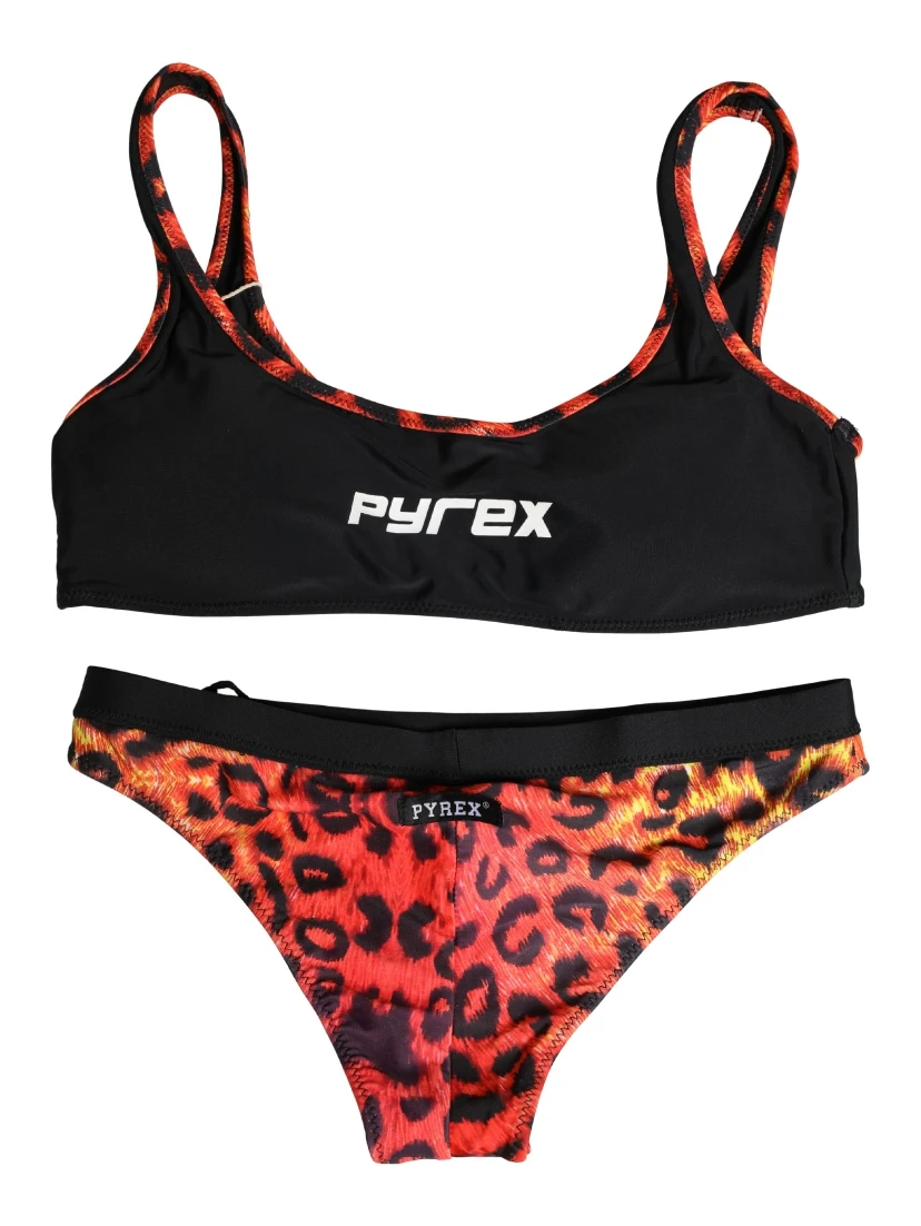 Black Top Orange Leopard Print Bottom 2 Piece Swimwear