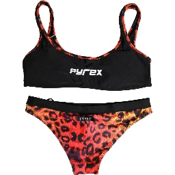 Black Top Orange Leopard Print Bottom 2 Piece Swimwear