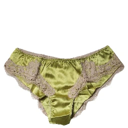 Underwear Green Silk Satin Floral Lace Panty Brief