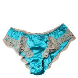 Blue Silk Satin Floral Lace Panty Brief Underwear