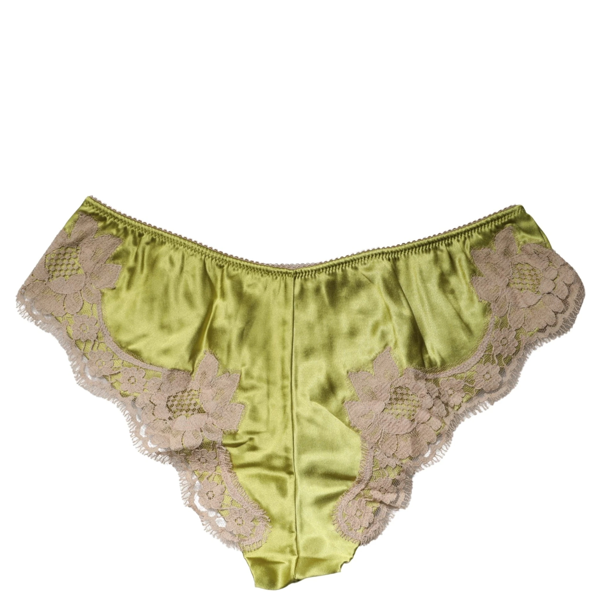 Underwear Green Silk Satin Floral Lace Panty Brief