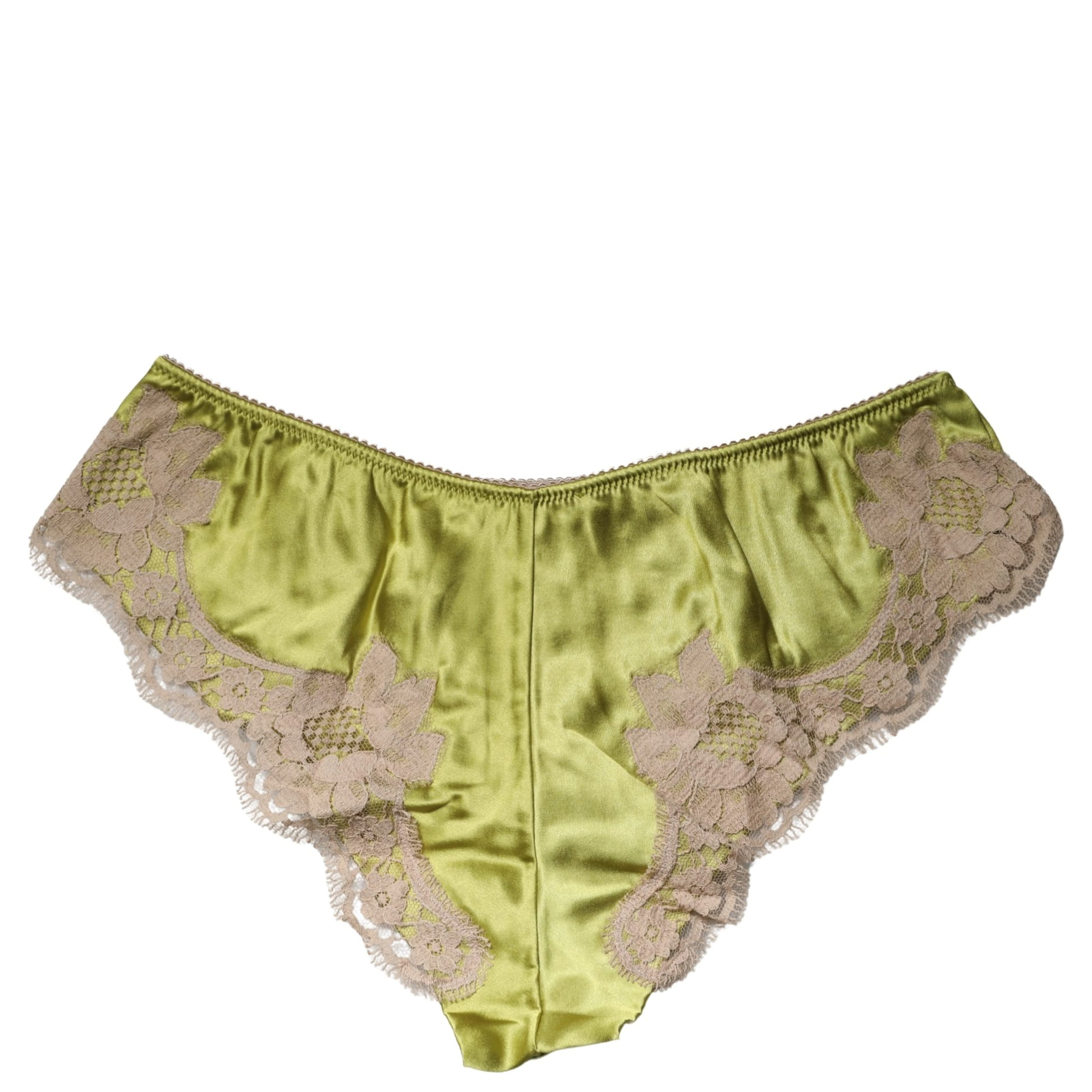 Underwear Green Silk Satin Floral Lace Panty Brief