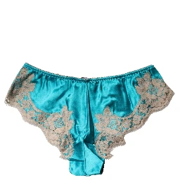 Blue Silk Satin Floral Lace Panty Brief Underwear