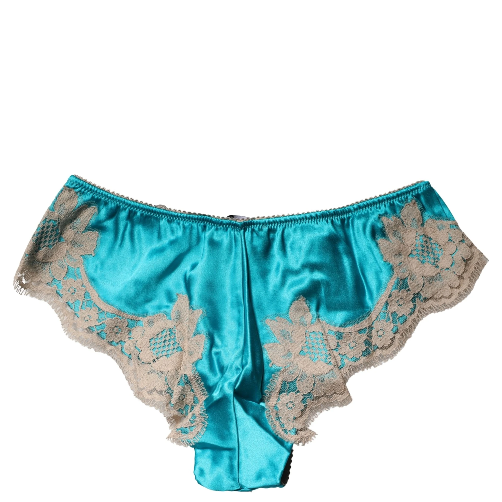 Blue Silk Satin Floral Lace Panty Brief Underwear