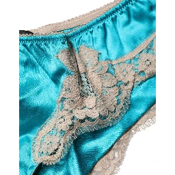 Blue Silk Satin Floral Lace Panty Brief Underwear