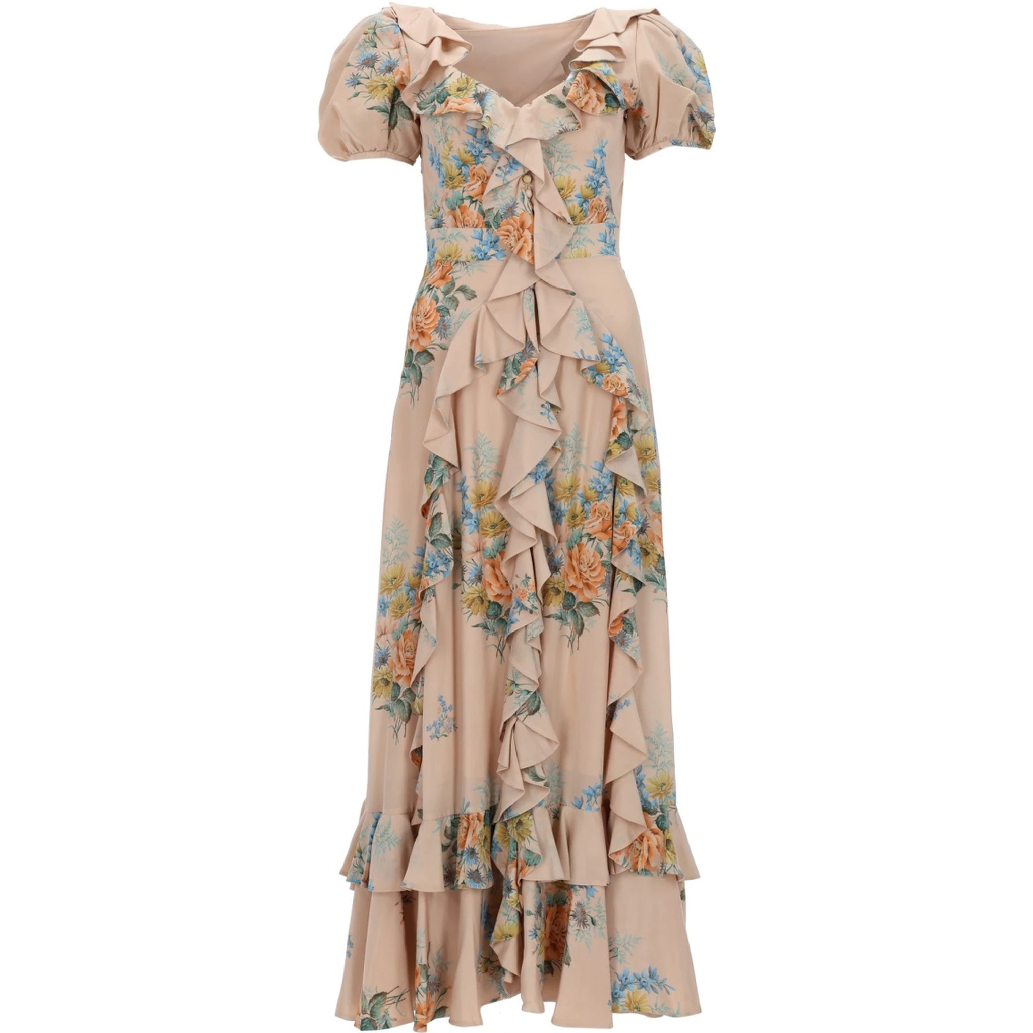 FLORAL PRINT RUCHED SILK DRESS
