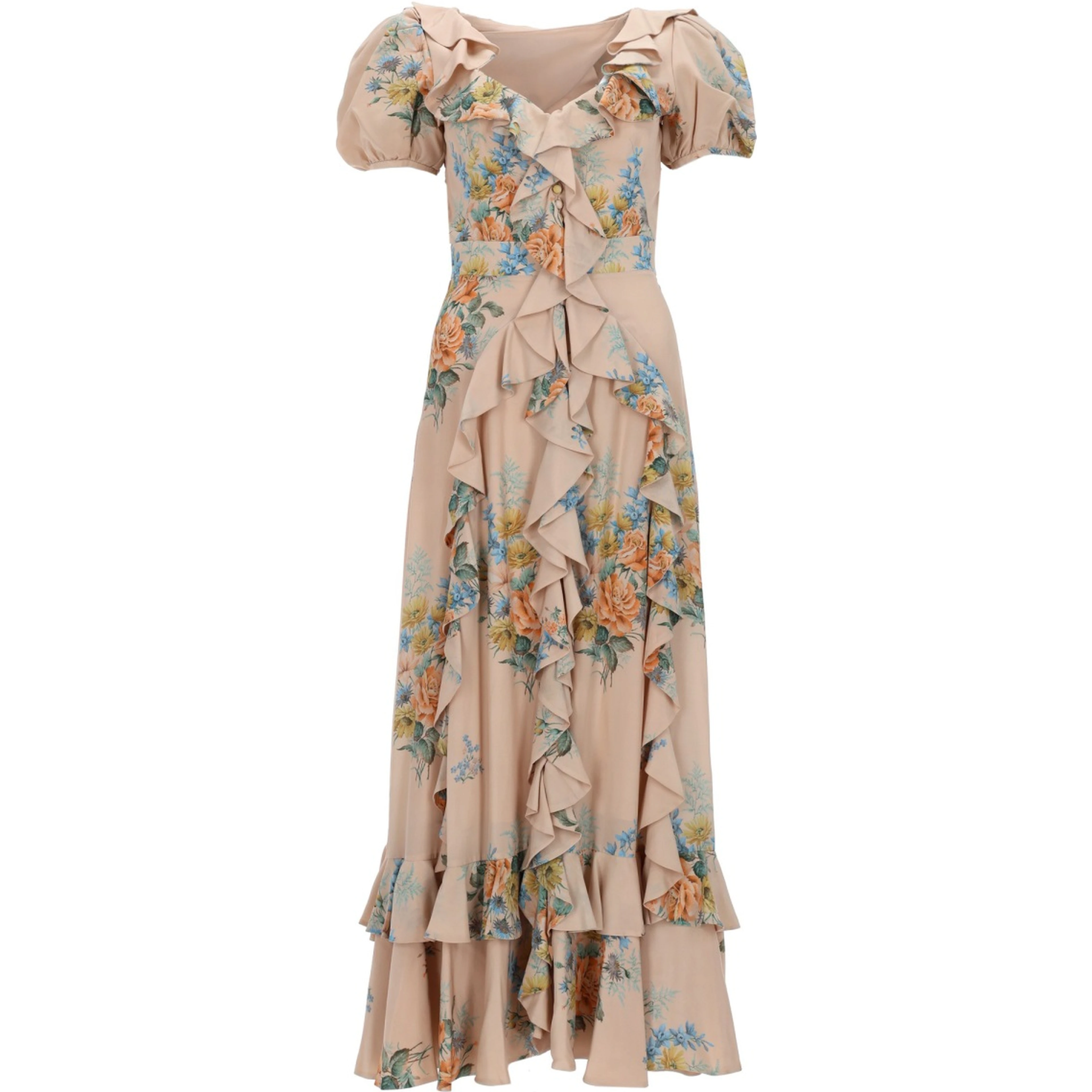 FLORAL PRINT RUCHED SILK DRESS