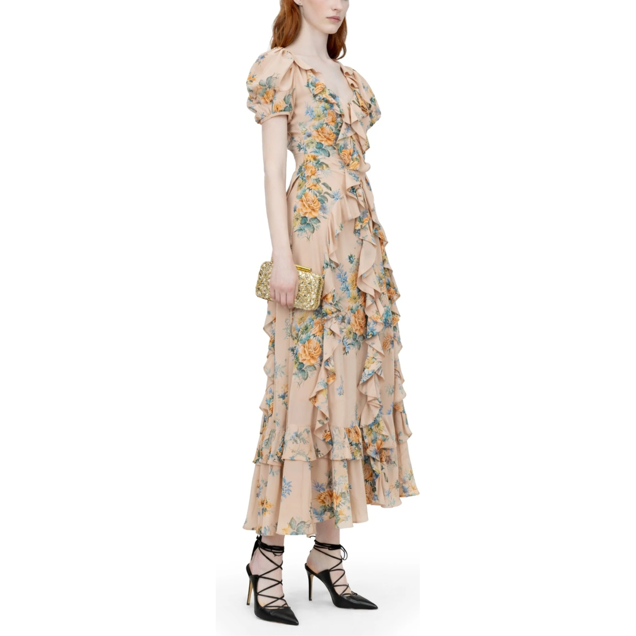 FLORAL PRINT RUCHED SILK DRESS