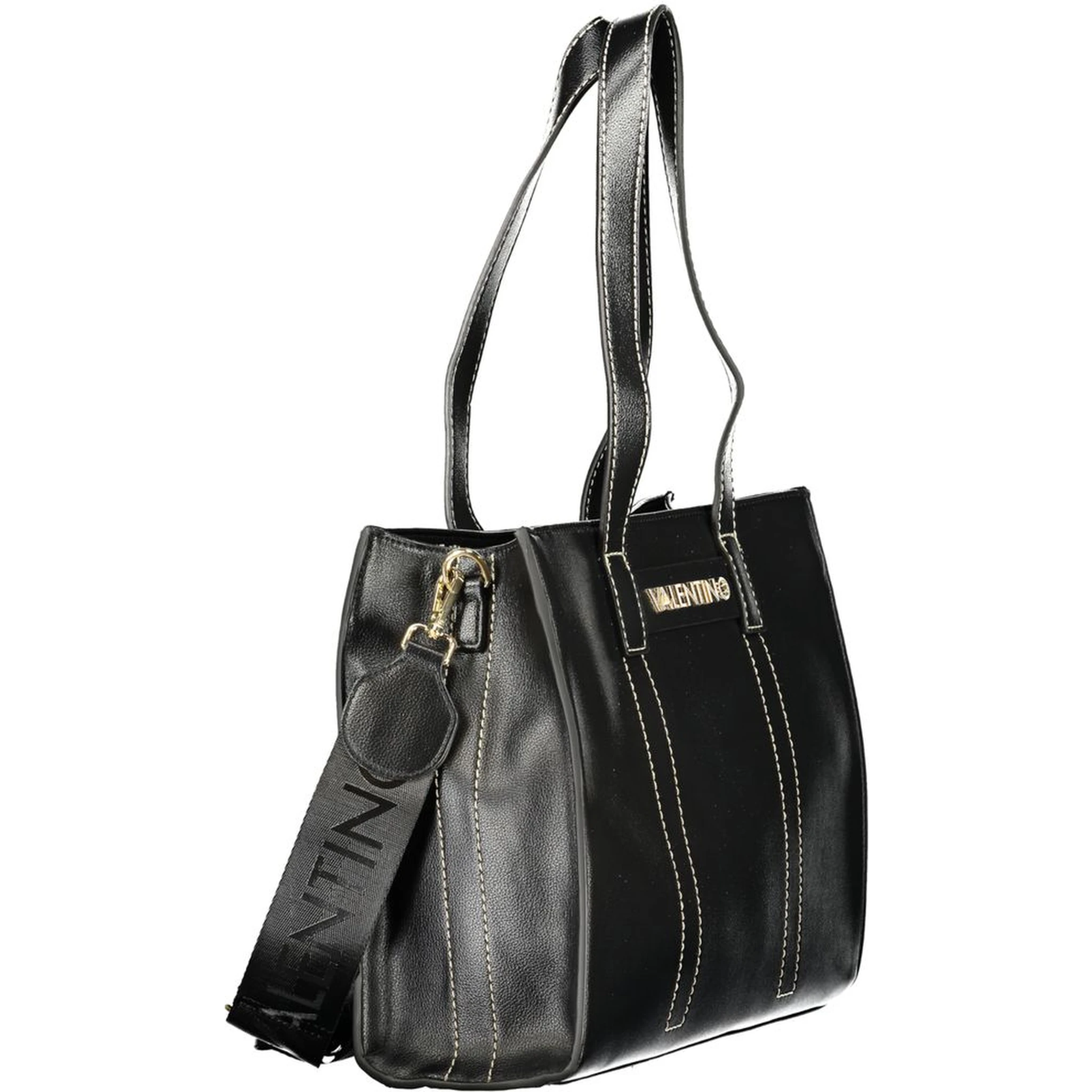 Black Polyurethane Women's Bag with Shoulder Straps and Pockets