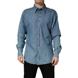 Blue Cotton Stretch Casual Denim Slim Shirt