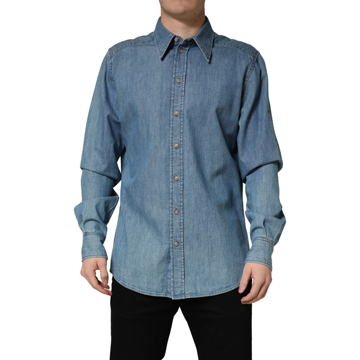 Blue Cotton Stretch Casual Denim Slim Shirt