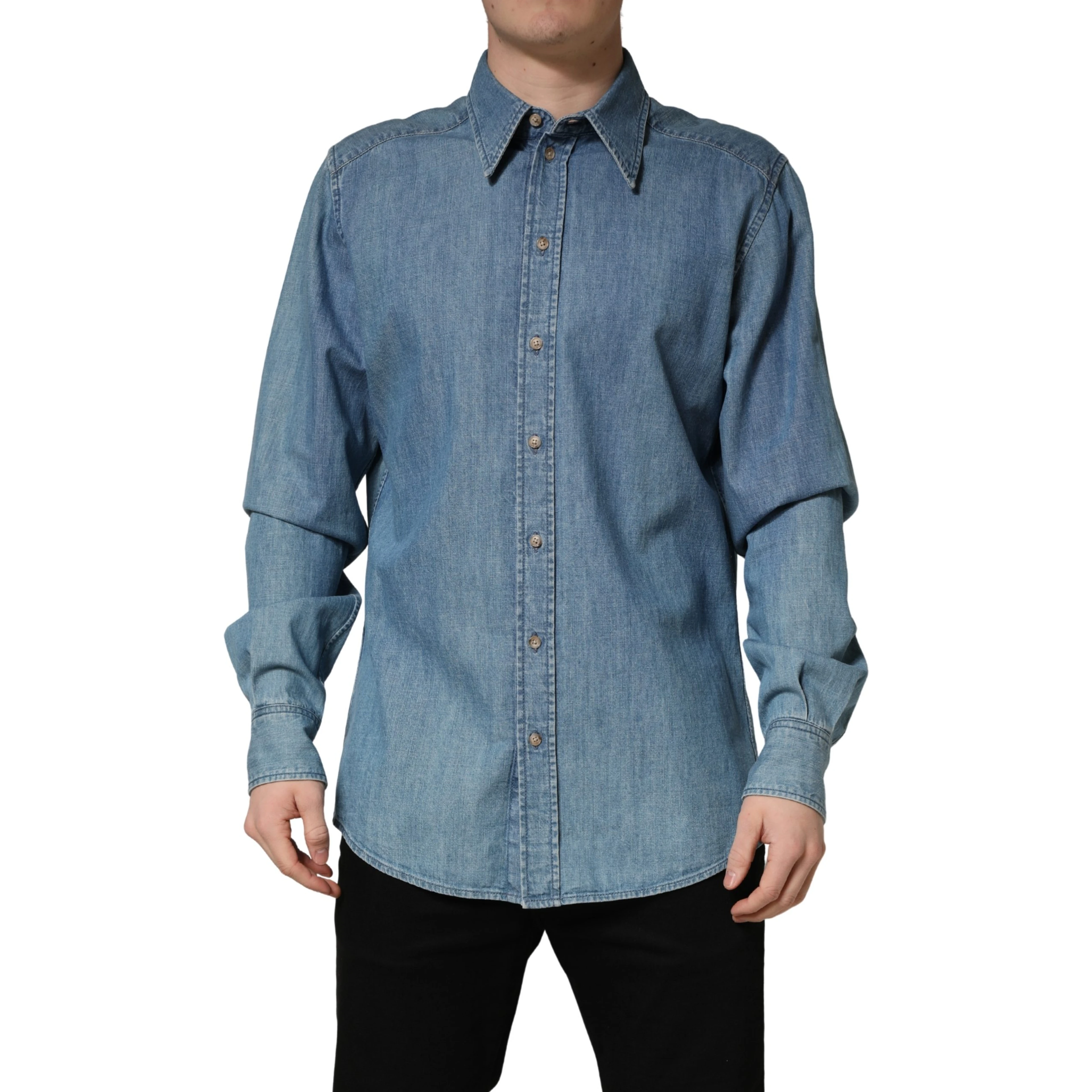 Blue Cotton Stretch Casual Denim Slim Shirt