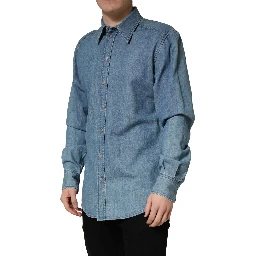 Blue Cotton Stretch Casual Denim Slim Shirt
