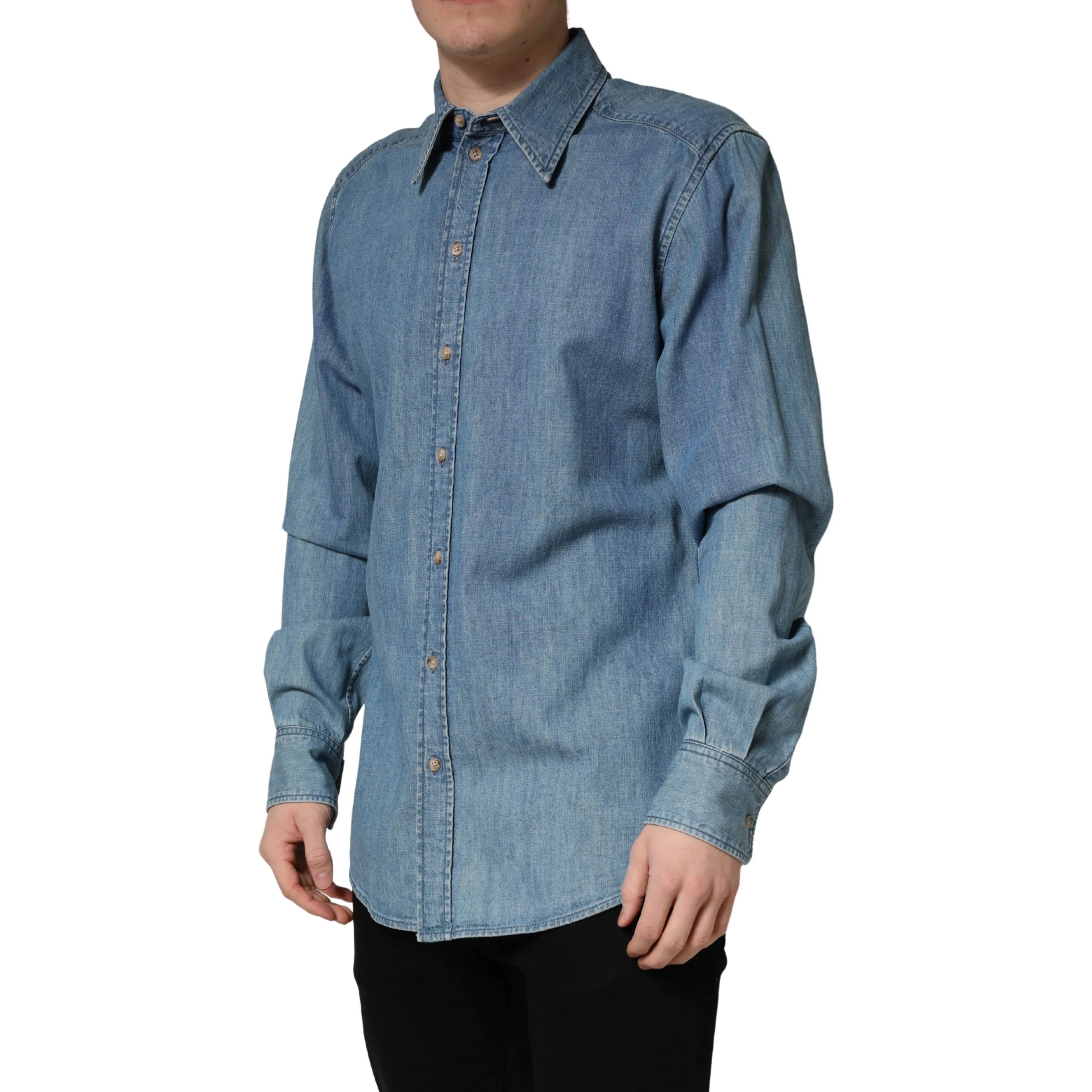 Blue Cotton Stretch Casual Denim Slim Shirt