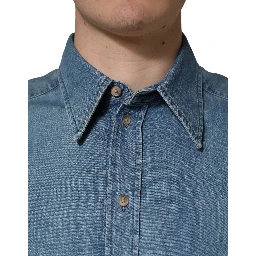 Blue Cotton Stretch Casual Denim Slim Shirt