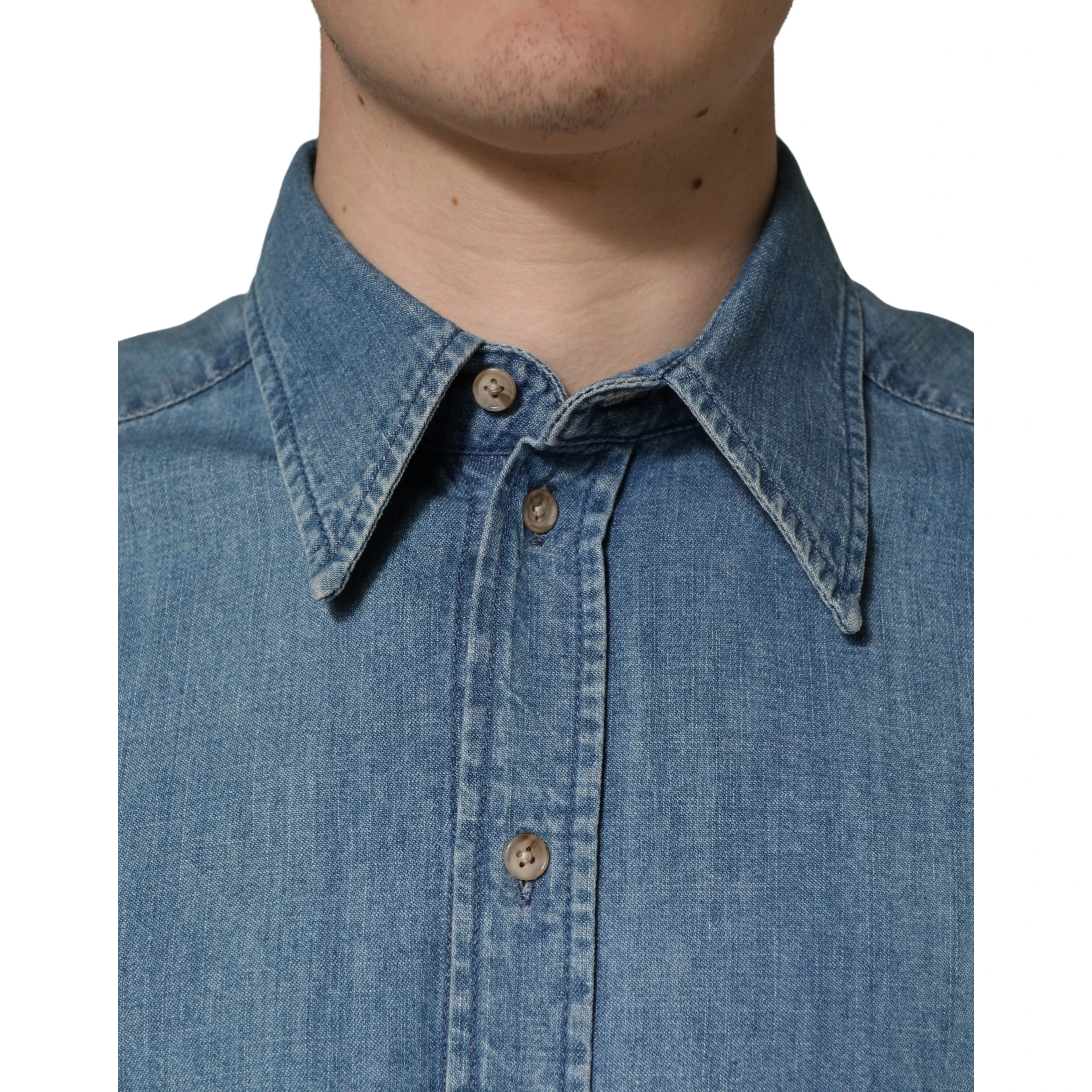 Blue Cotton Stretch Casual Denim Slim Shirt