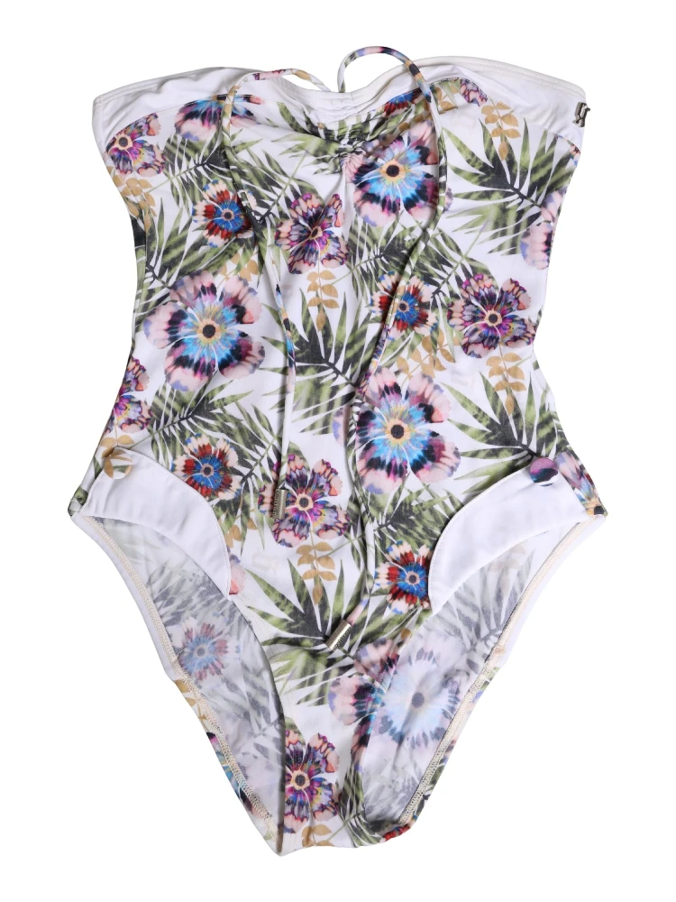 White Floral Print Strapless One-Piece Swimsuit Swimwear