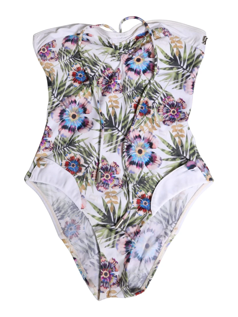 White Floral Print Strapless One-Piece Swimsuit Swimwear