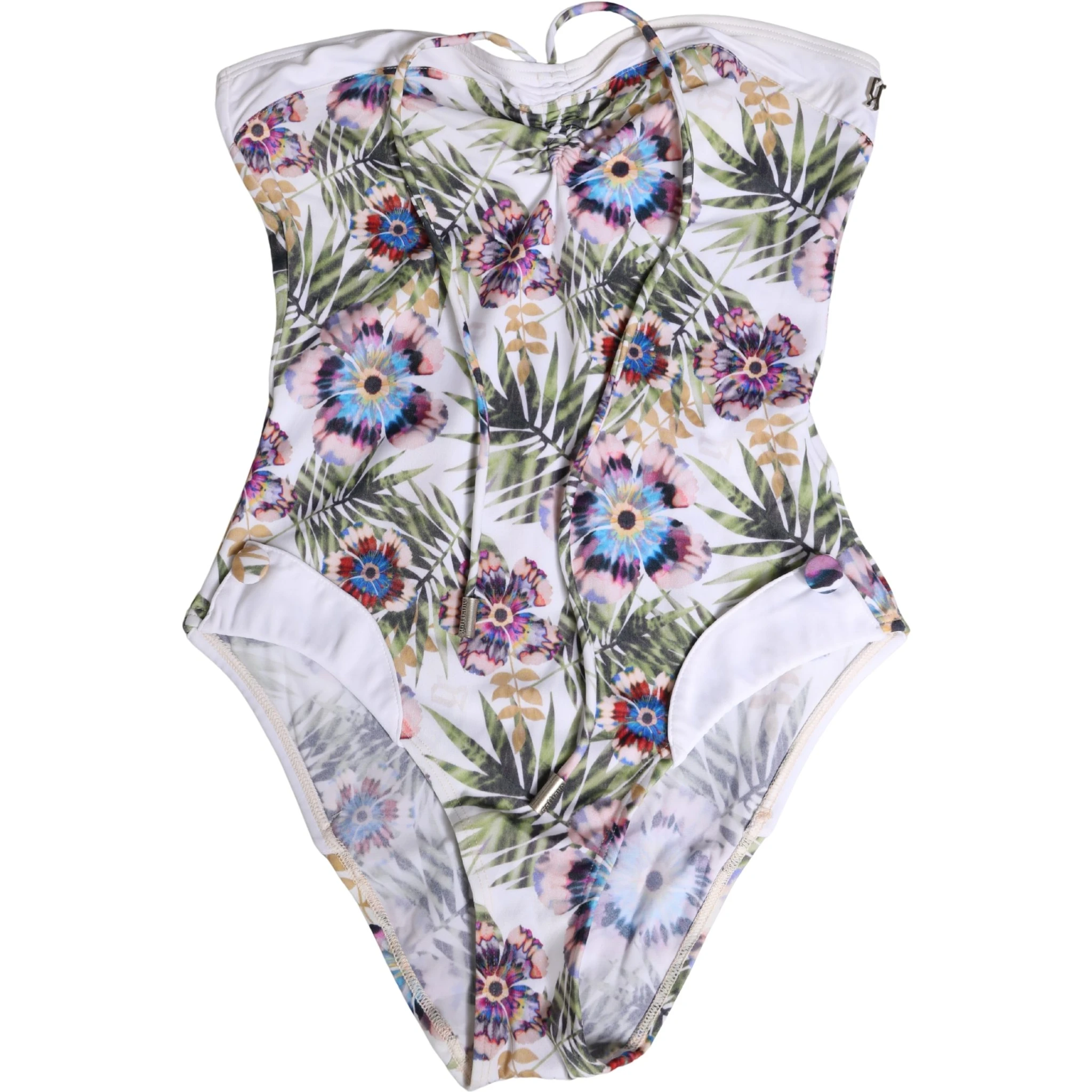 White Floral Print Strapless One-Piece Swimsuit Swimwear