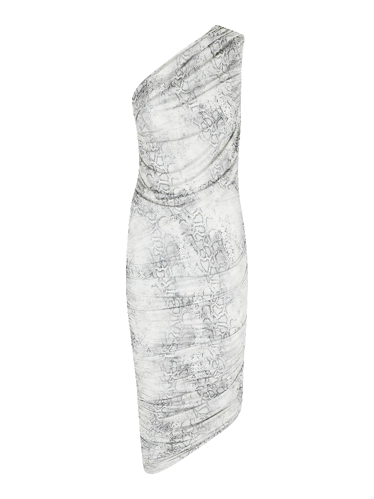 ABITO LUNGO MONOSPALLA DRAPPEGGIATO IN JERSEY STAMPA PITONE